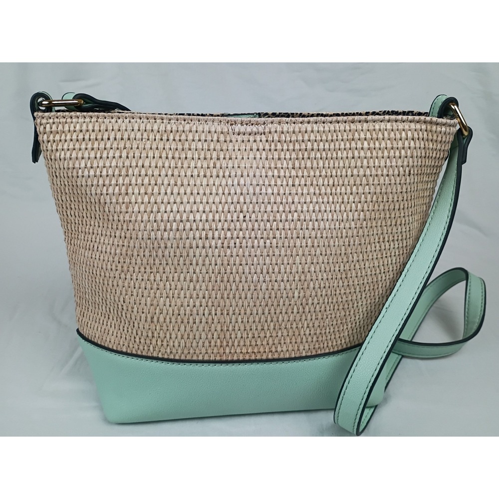 Izzy & Ali Mint Green Woven Straw Crossbody Bag Leopard Lining Gold Hardware
